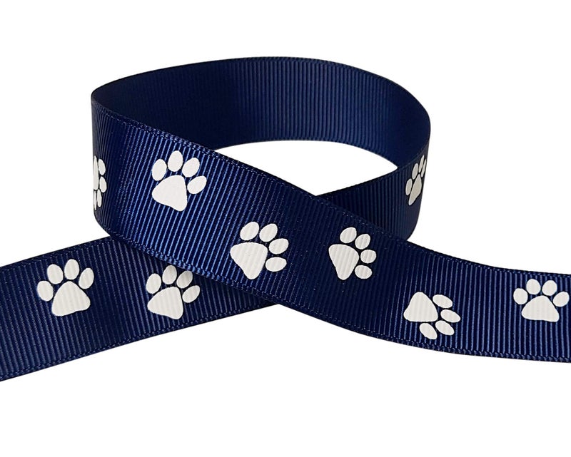 Paw Prints Ribbon for Crafts Grosgrain Ribbon for Gift Wrapping, Cheer Bows (10yd 7/8" White Paw, Navy)